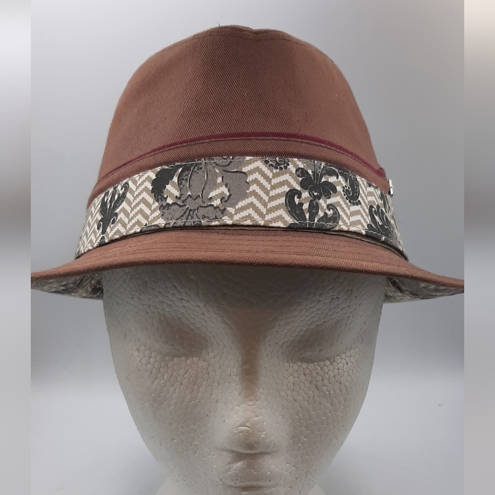 Peter Grimm Brown Fedora Hat Burgundy Trim with Graphic Gray Band Size L/XL